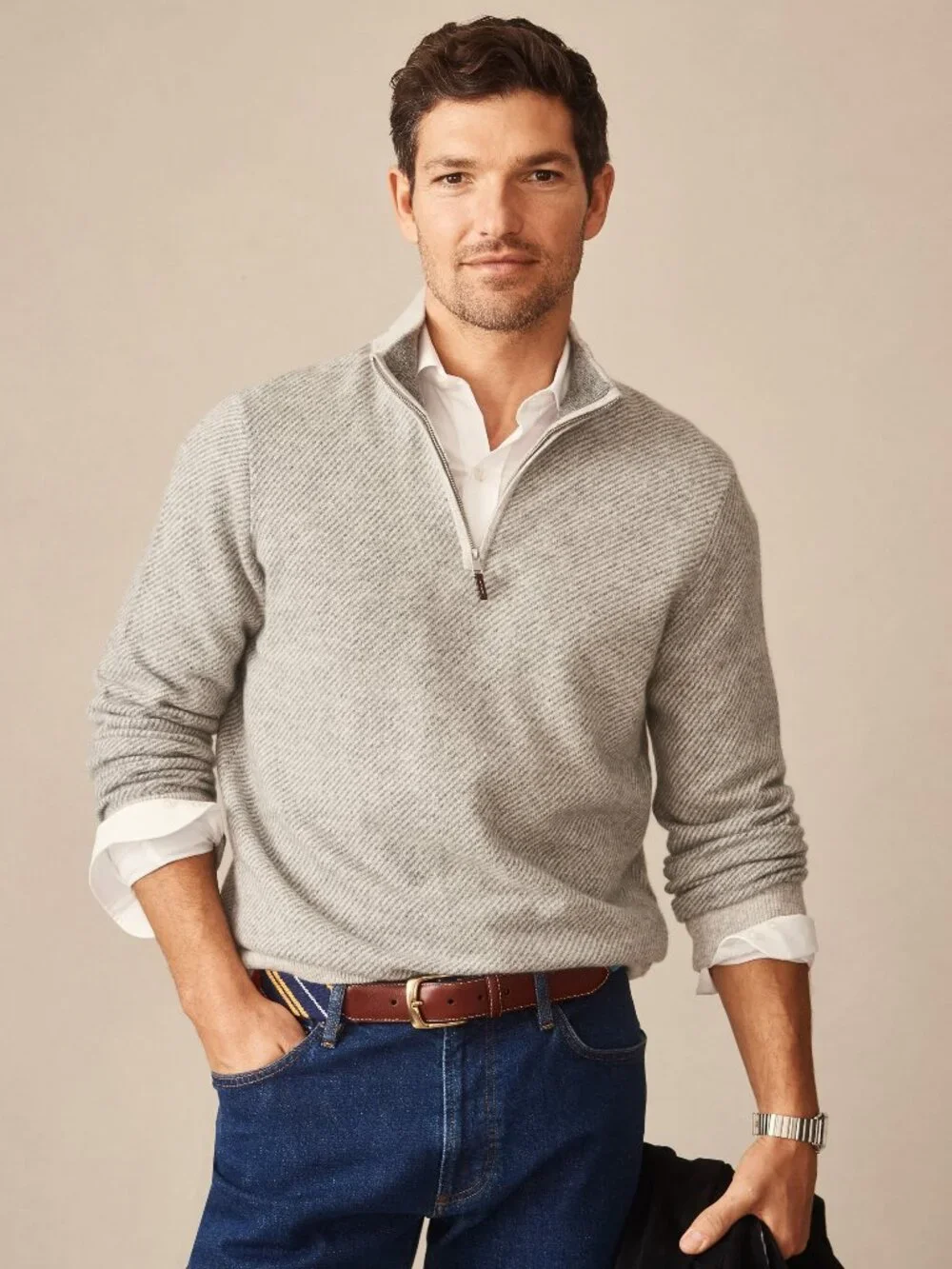 J McLaughlin Twain Cashmere 1/4 Zip in Jacquard - Light Gray/Gray NEW